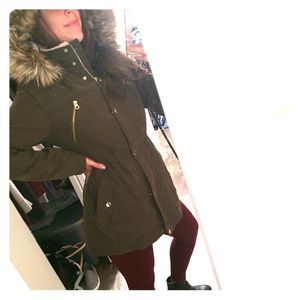 Dark Olive Green Nautica Parka - Faux Fleece Hood